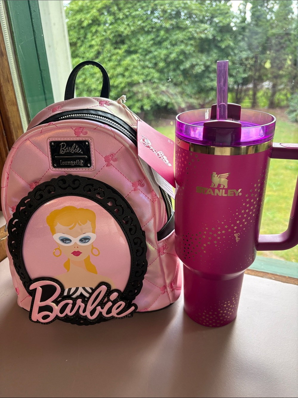 Barbie bundle. Barbie Loungefly Pink Quilted Kids  back bag with Barbie Stanley